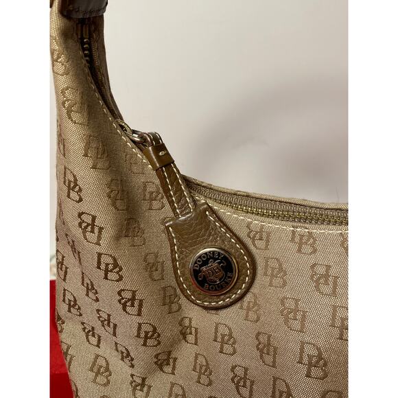 Dooney & Bourke Tan Brown Logo Print Mini Bucket Bag Purse 6x8 in Zipper fob EUC - Picture 6 of 15